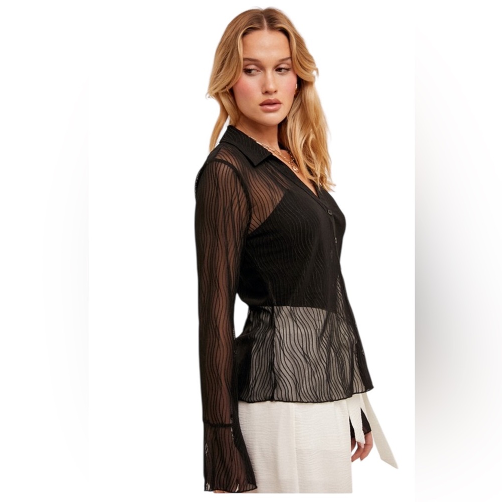 Hem & Threads Black Button Down Bell Sleeve Lace Blouse